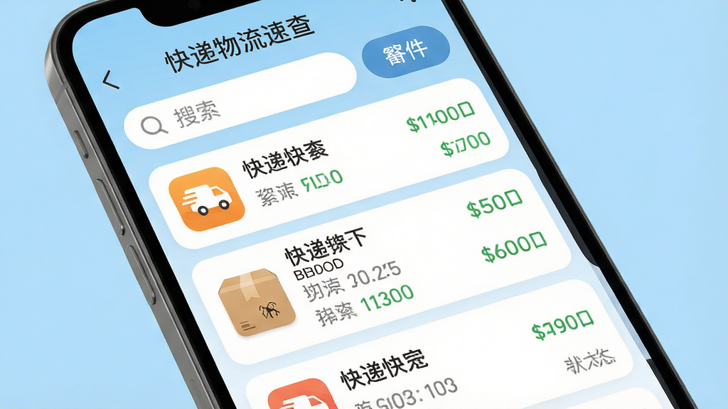 手机屏幕特写,界面显示“快递物流速查”应用主页面,以列表形式清晰罗列多个快递包裹的物流状态,顶部设有搜索框和寄件按钮,背景为纯净的浅蓝色,整体风格扁平化,图标圆润,排版整齐,细节丰富,画质高清,干净,无多余元素