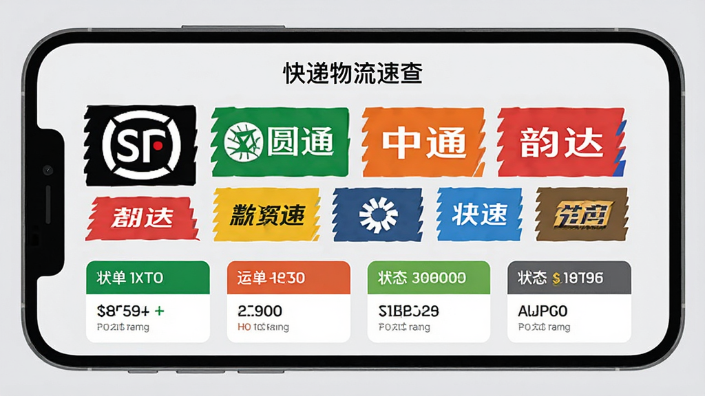 一张横向排列的智能手机界面图,屏幕上显示“快递物流速查”应用的多快递公司logo墙,包括顺丰、圆通、中通、韵达等,下方对应各自的运单状态卡片,背景为淡灰色,整体设计现代,扁平矢量风格,排版错落有致,色彩鲜明,画质清晰,无多余元素