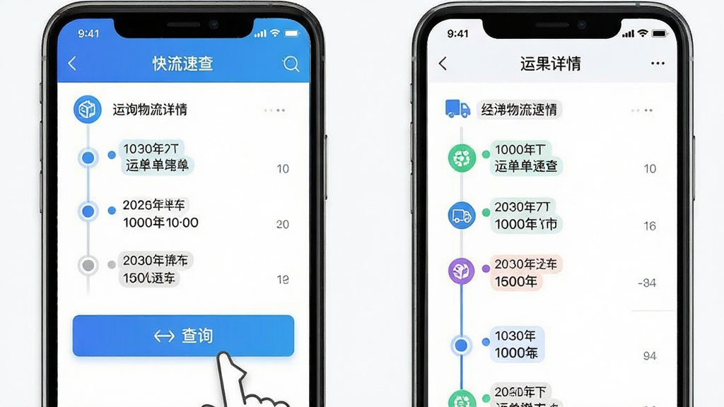 快递物流速查应用界面截图,重点展示点击“查询”按钮后的运单跟踪详情页,物流时间轴清晰可见,页面设计简洁,字体清晰,色彩明快,智能图标点缀,画质细腻,干净无杂物