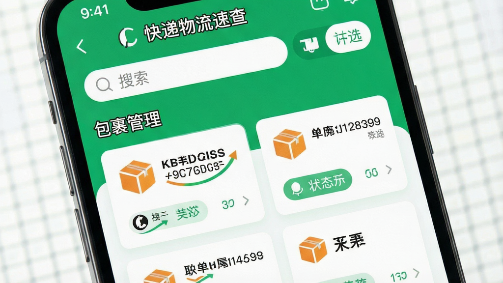手机竖屏界面特写,“快递物流速查”应用内“包裹管理”页面,采用卡片式布局,每个包裹卡片显示快递公司logo、运单尾号和状态标签,页面顶部有搜索栏和筛选按钮,整体风格清爽简约,配色以白绿为主,图标线条流畅,画质高,无冗余元素