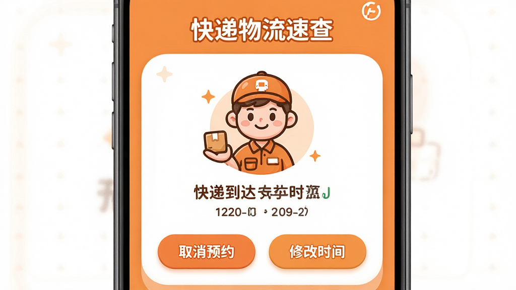 展示“快递物流速查”应用的寄件预约成功页面,画面中央显示快递员即将上门的卡通图标和预计到达时间,下方有取消预约和修改时间按钮,整体色调为暖橙色,UI风格圆润可爱,布局居中,细节到位,画质高,干净无多余