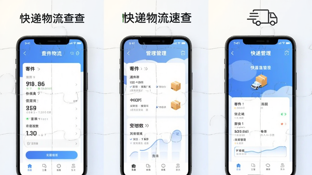 一组关于“快递物流速查”应用的宣传拼图,包含手机查询、寄件、管理三个核心界面,背景为干净的浅色渐变,手机模型排列有序,界面内容清晰可读,整体风格专业且现代,画质高,无多余元素