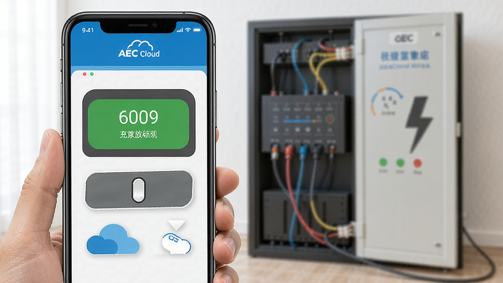 AEC Cloud 远程控制储能机界面,智能手机展示充放电开关按钮,背景是家庭储能电池柜,操作界面友好,按钮醒目,色彩明快,写实风格,画质清晰,无多余元素
