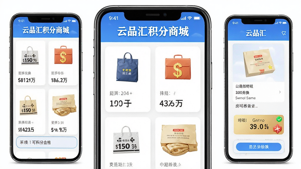 云品汇积分商城界面,展示各种可兑换的商品和房券,手机界面设计美观,布局整齐,顶部有“云品汇积分商城”字样,清晰易读,风格明亮,细节丰富,画质干净无多余元素