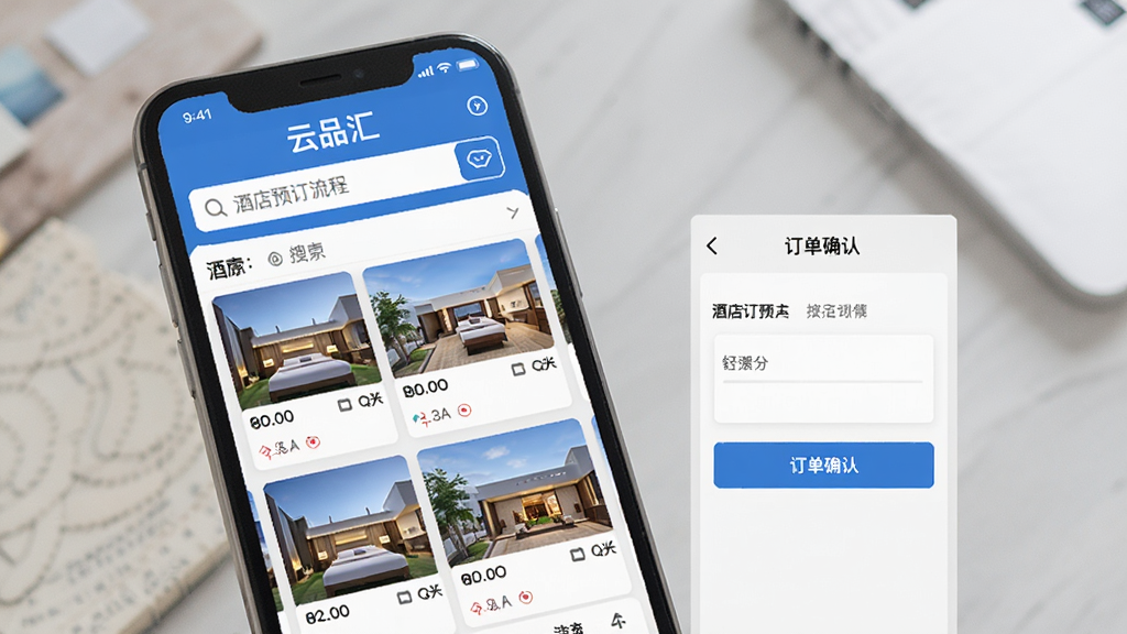 云品汇APP酒店预订流程界面,手机竖屏显示,布局清晰,包含搜索框、房源列表和订单确认页面,文字“云品汇”出现在顶部,风格简洁现代,细节丰富,画质干净无多余元素