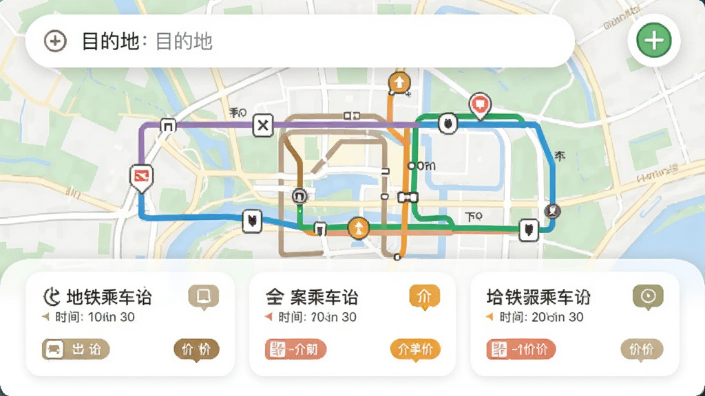 �����˳���App·�߹滮���ҳ�棬����Ϊ��ͼ�ϵ�·���滮������Ϊ�Ϸ�Ŀ�ĵ�������·���Ƭչʾ���ַ��������������Ȼ��ϸ�ڰ�����ͬ��ɫ��·��ʶ��ʱ����۸��ǩ�����ʸɾ����޶���Ԫ��