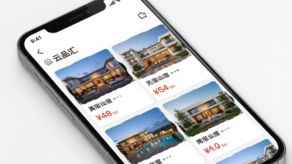 云品汇APP房源列表界面,展示多家酒店民宿图片与价格信息,主体为手机屏幕截图风格,布局清晰,排版整齐,现代简约风格,细节饱满,画质高清干净,无多余元素