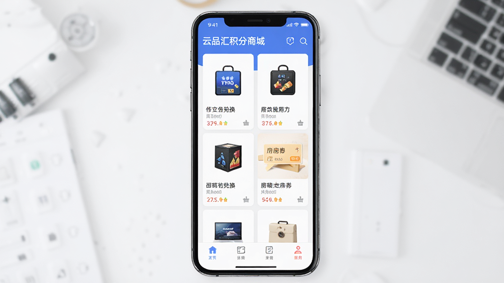 云品汇积分商城界面,展示各类可兑换商品与房券,主体为手机应用界面设计,布局以网格形式排列,排版整齐有序,现代电商风格,细节丰富,画质高清,干净整洁