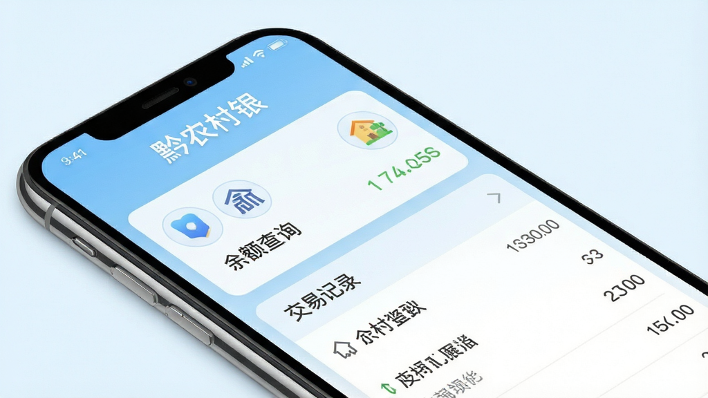 黔农村银APP账户管理界面,手机屏幕展示余额查询和交易记录列表,背景为浅蓝色渐变,整体风格简洁明亮,图标清晰,文字可读性强,画质干净,无多余元素