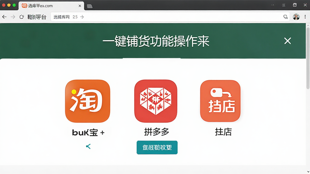 鞋库网一键铺货功能操作界面,展示选择平台的页面,包括淘宝、拼多多、抖店图标,界面简洁,指引清晰,风格写实,细节丰富,画质高清,无多余元素