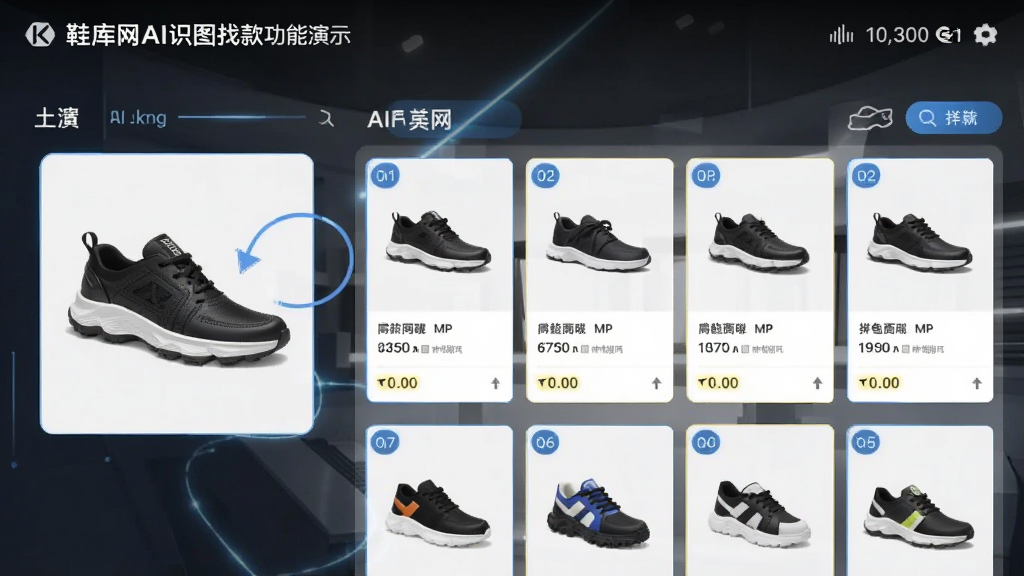 鞋库网AI识图找款功能演示截图,展示上传图片后识别出的同款商品列表,界面清晰,标注准确,科技感,细节丰富,画质干净,无多余元素