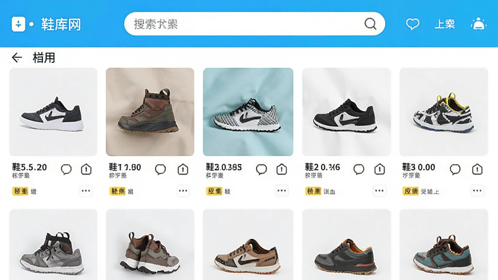 鞋库网APP主界面截图,展示首页商品列表和搜索框,布局清晰,现代简约风格,色彩明亮,细节丰富,画质干净,无多余元素