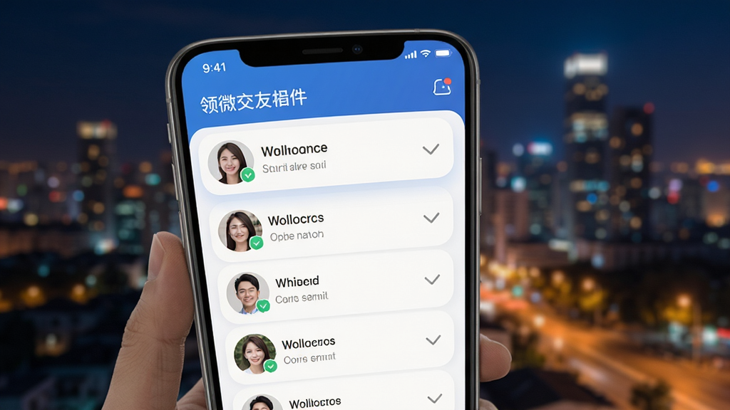 领微交友软件界面展示,手机屏幕显示同城用户列表,带有真人认证标识,背景为城市夜景,整体风格温馨现代,界面高清流畅,主色调蓝白相间,突出“真实相遇”主题,干净无多余元素