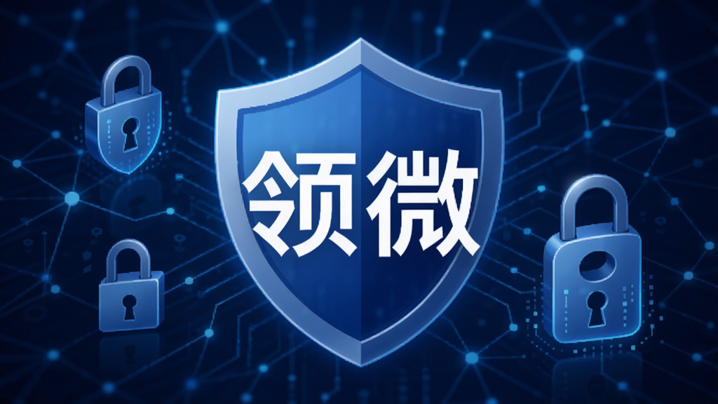 领微隐私保护概念图,画面上有盾牌图标与锁形符号,背景为蓝色数字网络,中央写着“领微”字样,风格简洁现代,突出安全可靠,画质高清,干净无多余元素