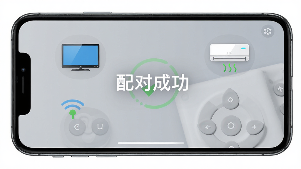 万能遥控器集成控配对成功界面,手机显示“配对成功”字样,周围有电视和空调的图标,背景简洁,布局居中,风格清爽,细节展示连接状态,画质高清,干净无多余元素