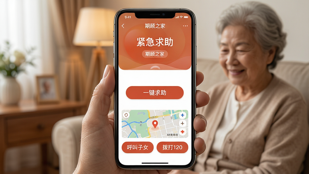 期颐之家紧急求助功能界面,主体为手机屏幕上显示一键求助按钮,背景为居家老人使用手机的场景,布局以界面截图为中心,下方有“呼叫子女”和“拨打120”两个按钮,排版居中突出,风格写实温暖,细节展示实时定位地图,画质清晰,干净无多余元素,屏幕内文字包含“紧急求助”和“期颐之家”