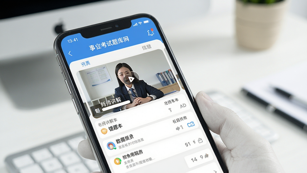事业单位考试题库网 手机屏幕展示 刷题界面 名师讲解视频 错题本 数据统计 整洁排版 高清画质