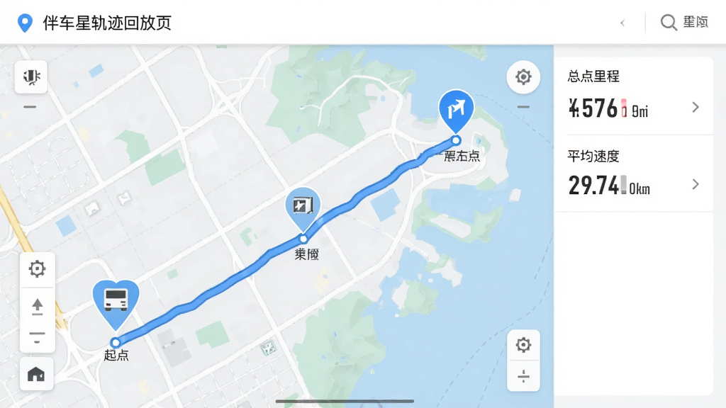 �鳵�ǹ켣�ط�ҳ��չʾ����ͼ����ʾһ����������ɫ��ʻ·�ߣ�����ע����㡢�յ�ͼ����ؼ�ͣ�����ǣ��������ʾ����̺�ƽ���ٶ����ݣ��������Լ���������ʸɾ����޶���Ԫ�ء�