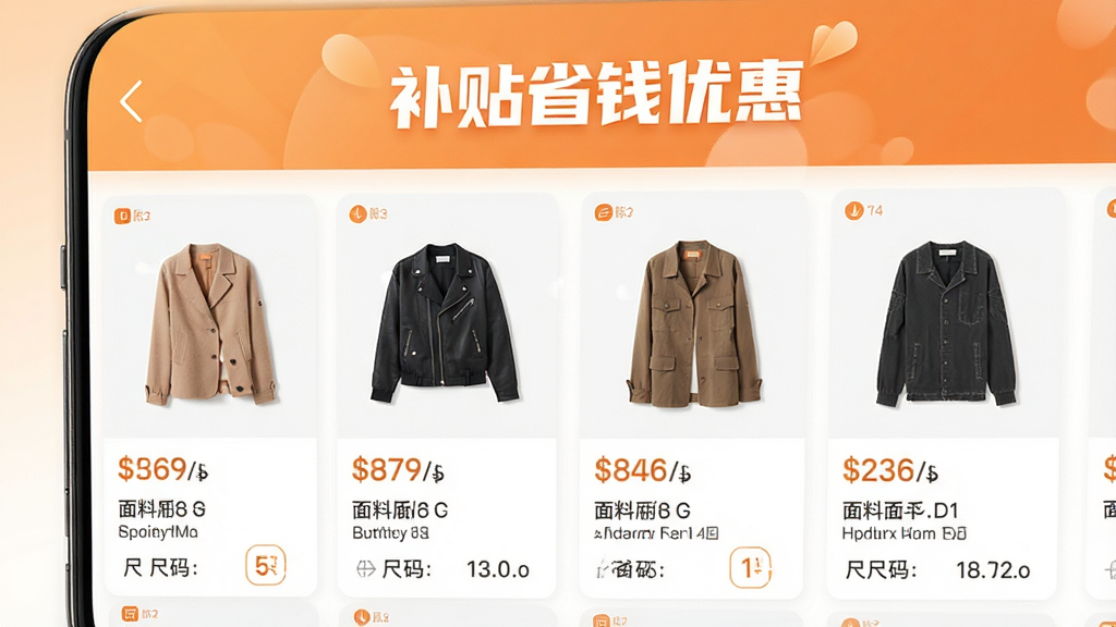 手机购物省钱应用界面,主色调为暖橙色,顶部显示“补贴省钱优惠”字样,下方展示多件服饰商品卡片,每张卡片标有价格、面料、尺码信息,整体布局清晰,画质干净,无多余元素