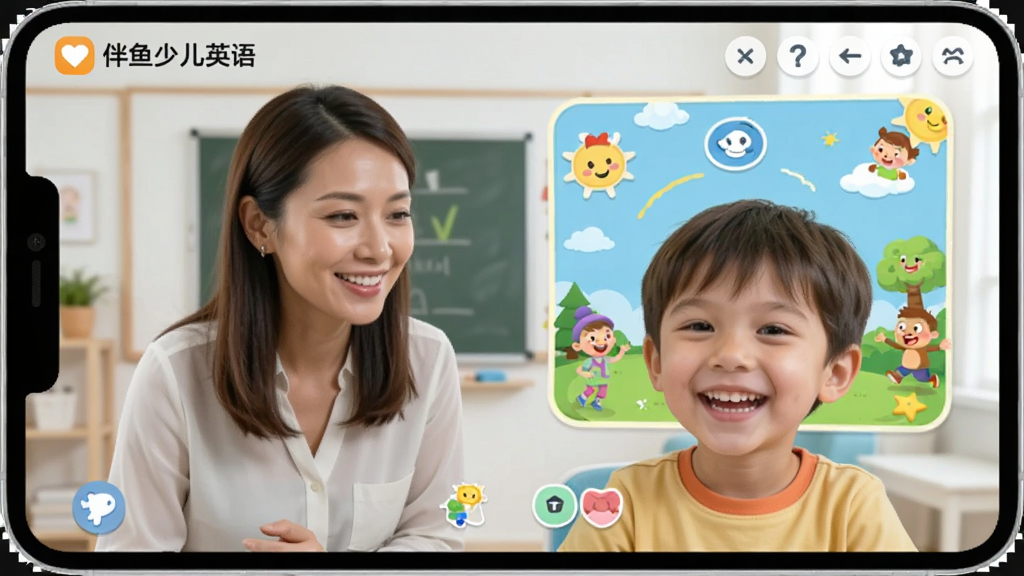 �����ٶ�Ӣ��APP�Ͽν��棬һ�������ʦ��ͨ����Ƶ�뺢�ӻ�������Ļ����ʾ��ɫ�����μ����������Ц�ݣ����������������ɾ��޶���Ԫ��