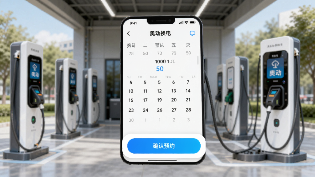 奥动换电app预约换电功能演示,日历界面选择时间,确认预约按钮高亮,背景为换电站实景,轻松愉快的氛围,画质清晰,干净简洁