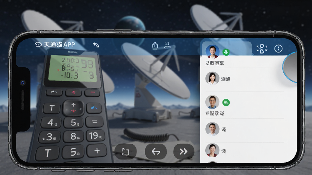 天通猫APP卫星电话拨号界面,手机屏幕显示T9键盘和联系人列表,背景为卫星通信设备,界面简洁清晰,高清画质