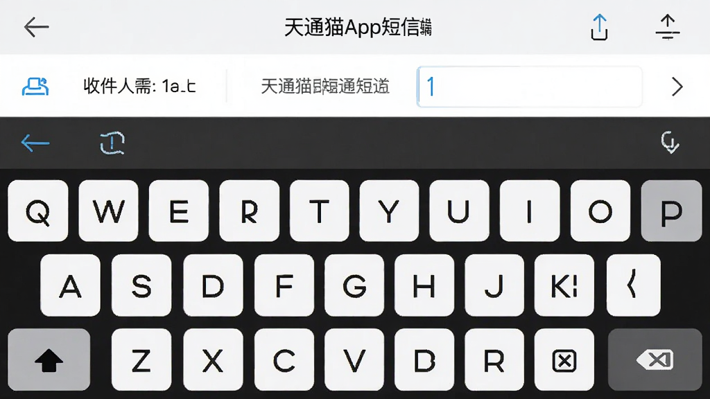天通猫APP短信编辑页面,虚拟键盘上方显示收件人和短信内容,界面风格现代简约,高分辨率