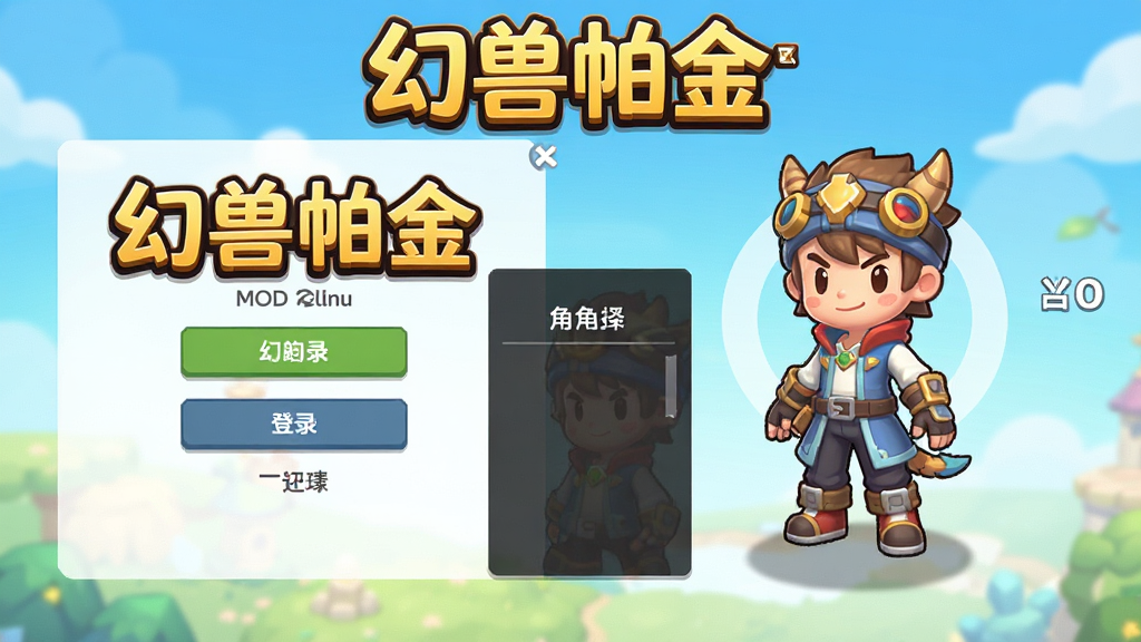游戏主界面截图,展示幻兽帕金(MOD菜单)的登录页面和角色选择,画面风格明亮卡通,包含“幻兽帕金”字样,干净无多余元素,画质清晰