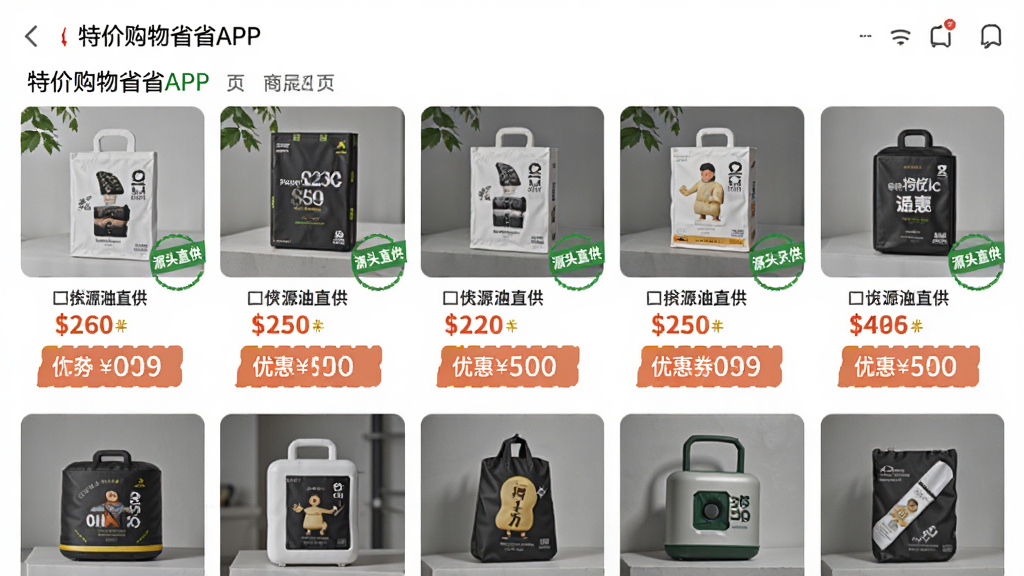 �ؼ۹���ʡʡAPP��Ʒչʾҳ������Ϊһ��Դͷֱ����ƷͼƬ������Ϊ�������У�ÿ����Ʒ�·���ʾ�۸���Ż�ȯ���Ű����룬���дʵ��ϸ��ͻ����Դͷֱ������ǩ�������������ɾ����޶���Ԫ��
