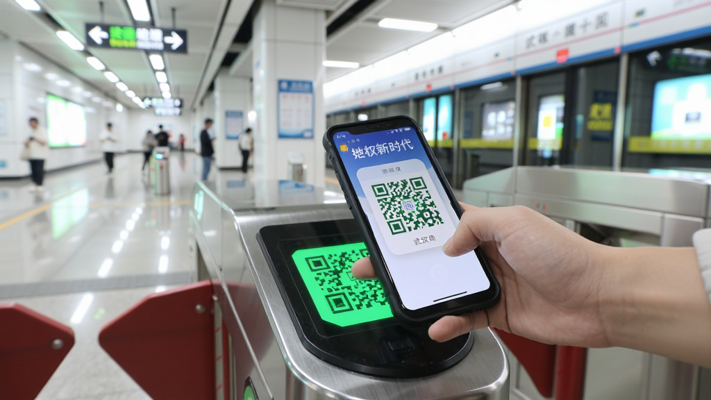 Metro��ʱ��APP���棬һλ�˿����人����բ�������ֻ���ά������ɨ���վ����������������ĵ���վ̨��������������ͼ��࣬ͻ���ֻ���Ļ�ϵ���ɫ��ά����բ����Ӧ�������дʵ�����ʸɾ����޶���Ԫ��