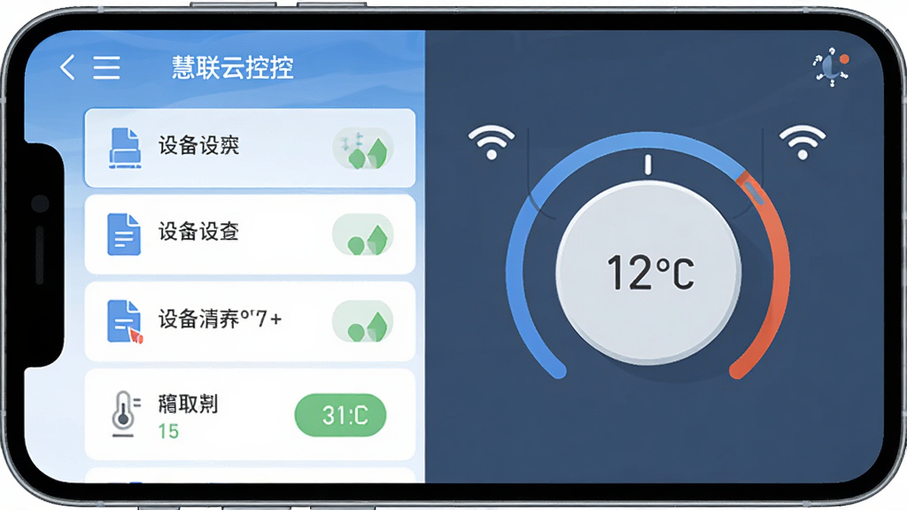 慧联云控手机远程操控空调界面,主体为手机APP控制面板,布局清晰,左侧设备列表右侧温度调节旋钮,风格扁平化设计,细节显示WiFi图标与温度数字,画质高清干净,无多余元素