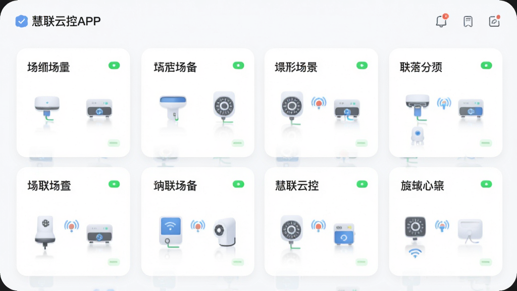 慧联云控APP场景联动编辑界面,主体为场景列表卡片,布局采用网格排版,每个卡片显示场景名称与设备图标,风格清爽,细节有绿色状态指示灯,画质柔和明亮,干净无多余元素
