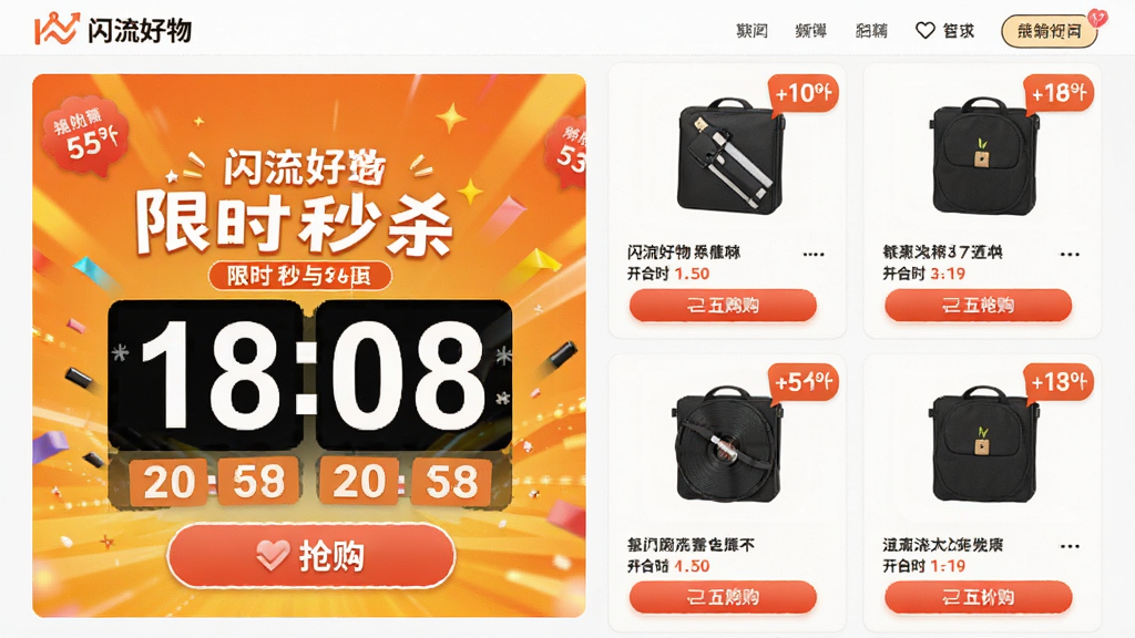 ���������ʱ��ɱ��Ƶ��ҳ�棬����Ϊ������Ʒ��ͼ�뵹��ʱ���֣����ֲ���˫�п�Ƭʽ���Ű����������������ã�ϸ��չʾ�ۿ۱�ǩ��������ť�����������ɾ��޶���Ԫ��