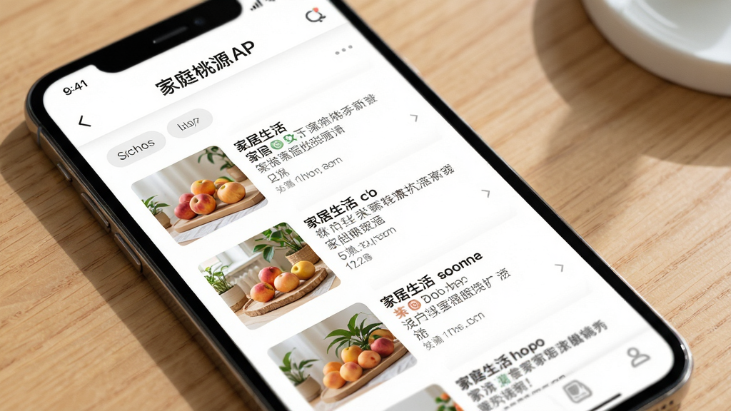 家庭桃源APP资讯页面,展示家居生活文章列表,布局简洁,排版清晰,风格明亮,细节丰富,画质高清,干净无多余元素
