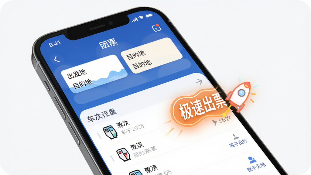 团子出行手机APP界面设计,展示火车票预订功能,主体是手机屏幕,布局包括出发地、目的地输入框,车次列表,排版简洁,风格现代,细节高亮显示“极速出票”字样,画质清晰,无多余元素