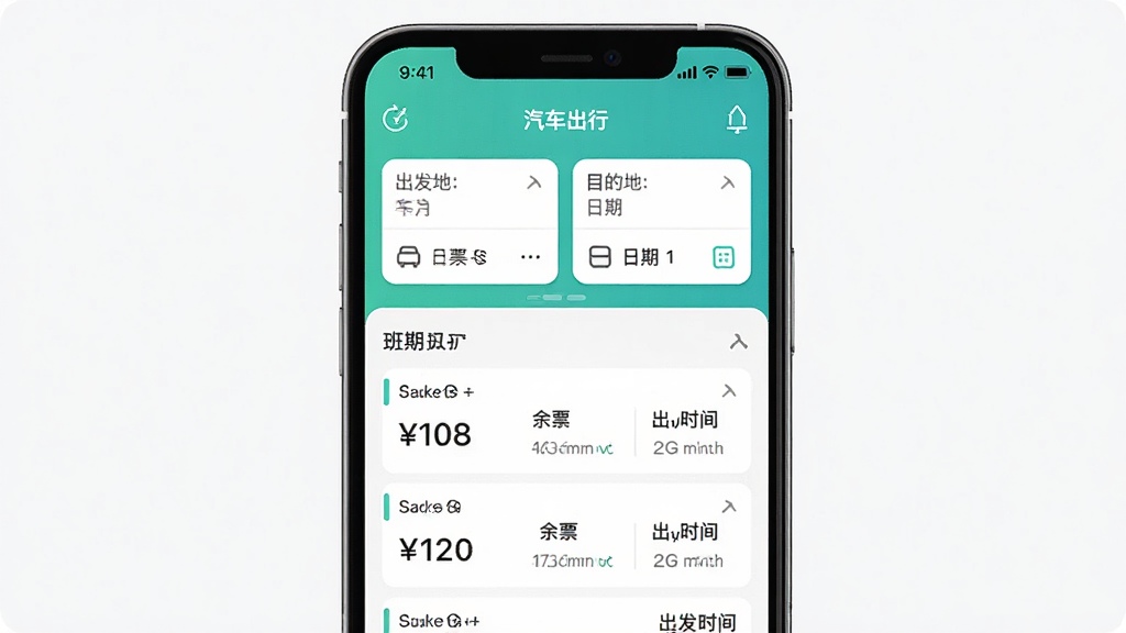 团子出行APP汽车票预订页面展示,主体为手机界面,布局清晰显示出发地、目的地、日期选择框,下方为班次列表,风格扁平化,细节包括票价、余票、出发时间,画质高清,干净,无多余元素