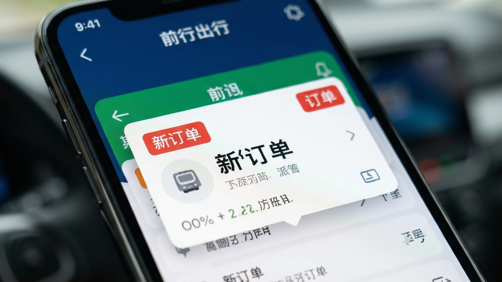 特写手机屏幕显示“前行出行”派单界面,一个醒目的订单卡片弹出,上方有“新订单”红色标签,背景虚化处理,突出主体,排版清晰,UI设计风格,细节真实,画质高清,干净无多余元素