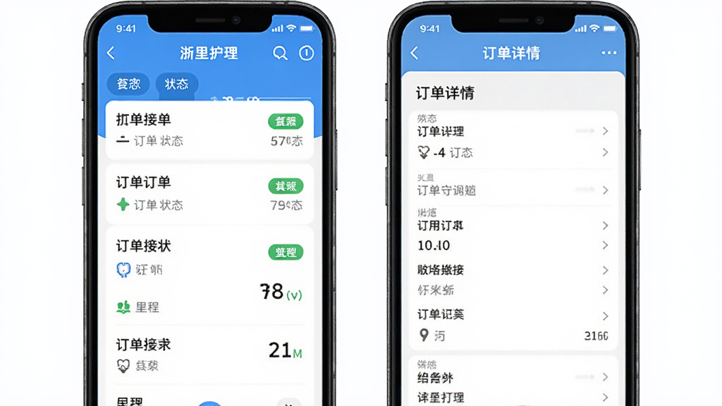 浙里护理app界面截图,展示护士接单列表和订单详情,主体为手机屏幕展示,布局清晰,排版简洁,风格扁平化,细节包括订单状态标签和里程信息,画质高清,干净无多余元素