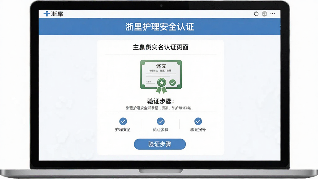 浙里护理安全认证界面,主体为护士实名认证页面,布局居中,排版规整,风格写实,细节包括证书上传图标和验证步骤提示,画质清晰,干净无多余元素