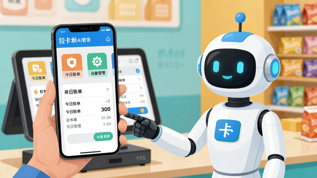 拉卡拉AI管家界面,一位商户正在用手机语音查询账单,画面中出现智能机器人形象,背景为店铺收银台,界面清晰显示“今日账单”“设备管理”等图标,现代扁平风格,明亮色调,干净整洁