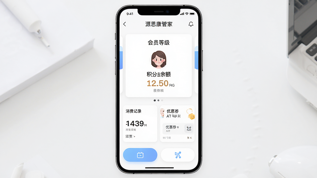 Դ˼���ܼһ�Ա�������棬����Ϊ�ֻ�Ӧ��ҳ�棬չʾ��Ա�ȼ����������������Ϊ��Ա��Ƭ���ײ�Ϊ���ܰ�ť���Ű����ţ�������£�ϸ�ڰ������Ѽ�¼���Ż�ȯ�����ʾ�ϸ�ɾ����޶���Ԫ��