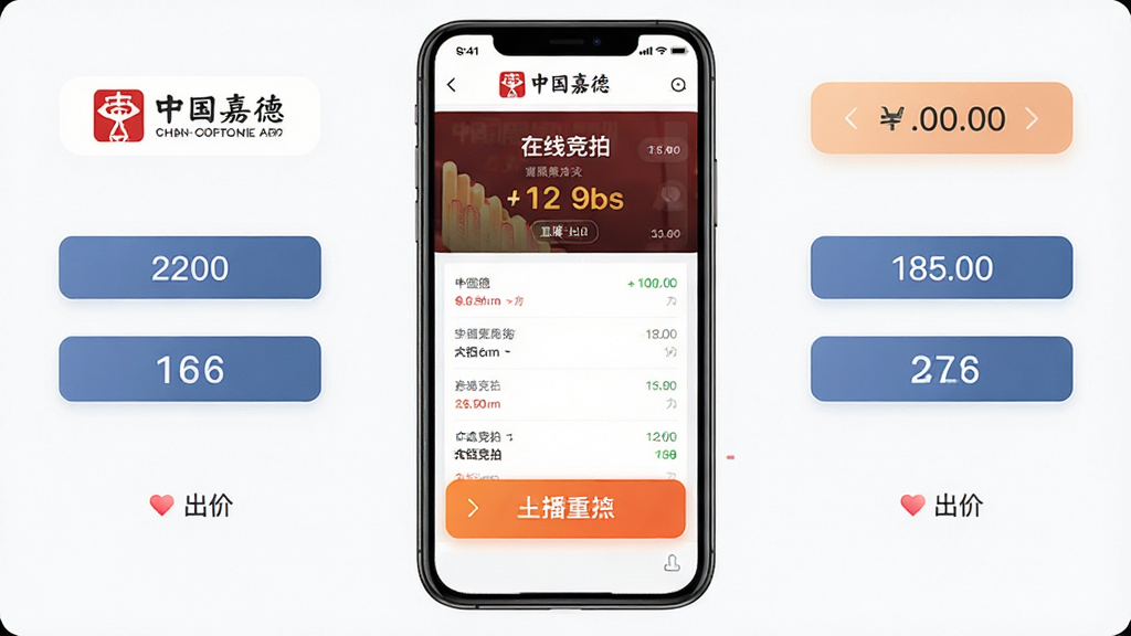 主体:中国嘉德APP在线竞拍界面,展示直播竞拍场景;布局:手机屏幕居中,周围有出价按钮与价格信息;排版:简洁清晰,重点突出出价按键;风格:商务专业,界面干净;细节:带有“中国嘉德”logo与“在线竞拍”字样;画质:高清,干净,无多余元素
