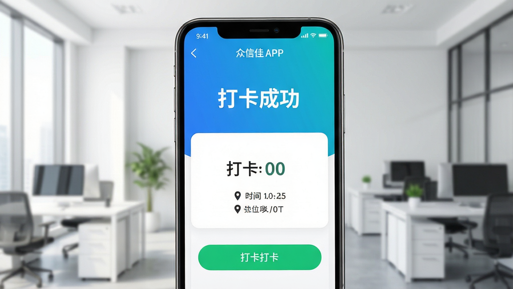 众信佳APP的智能考勤界面,手机屏幕显示“打卡成功”字样,背景为简洁的办公室环境,界面布局清晰,包含时间、定位信息和打卡按钮,整体风格现代简约,色彩明亮,画质干净,无多余元素