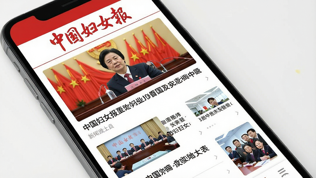 中国妇女报客户端手机界面展示,主色调为红色与白色,顶部显示“中国妇女报”字样,下方为新闻列表,配有大图与标题,整体布局简洁大方,现代扁平化风格,高清画质,干净无多余元素