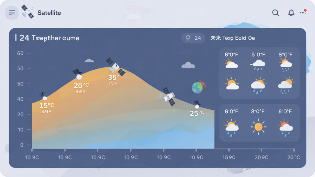 主体为卫星天气应用界面显示未来24小时温度曲线与每小时天气图标。布局采用卡片式设计,时间轴横向排列。排版清晰,色彩柔和。风格为扁平化插画风格,细节包含温度数值与天气小图标。画质干净,无多余元素。