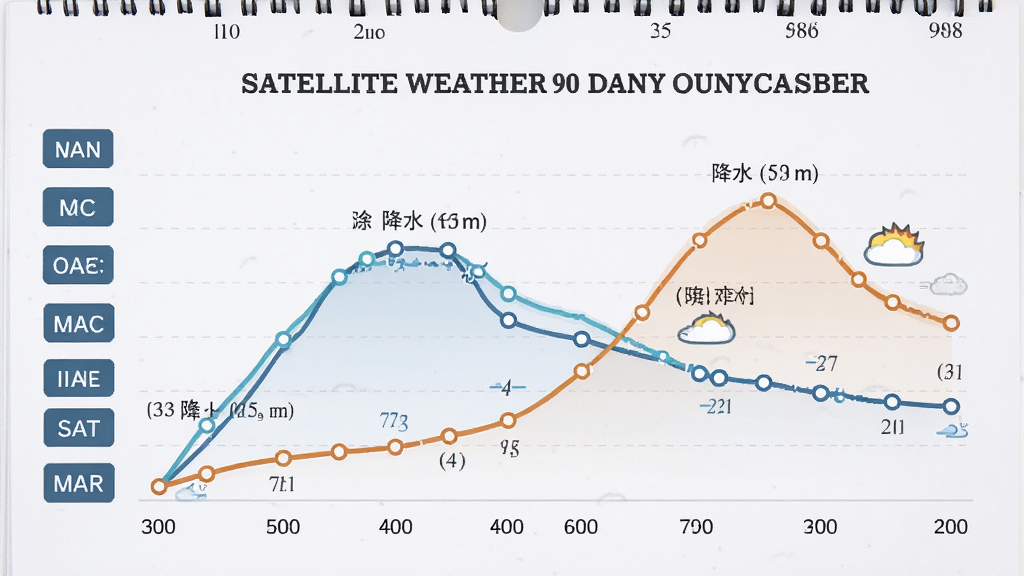 主体为日历背景上展示卫星天气的90日趋势折线图,标注降水与气温变化。布局为图表居中,左侧有月份标签。排版简洁,风格为商务数据可视化,细节包含曲线与节点。画质高清,无多余元素。