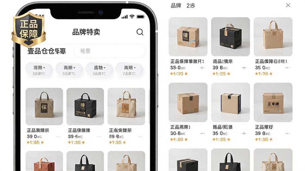 壹品仓APP界面展示,显示品牌特卖商品列表,左上角有正品保障标识,整体风格简洁干净,画质清晰,排版整齐,突出“正品保障”文字