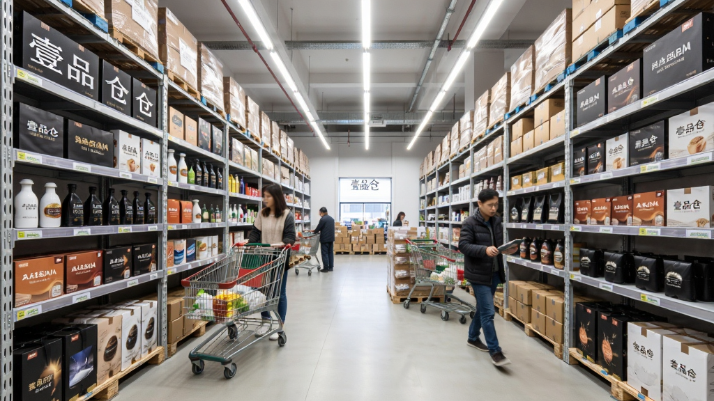 壹品仓线下仓储门店内部场景,一排排货架整齐排列,上面摆满品牌商品,顾客推着购物车选购,空间宽敞明亮,画质清晰,无多余元素