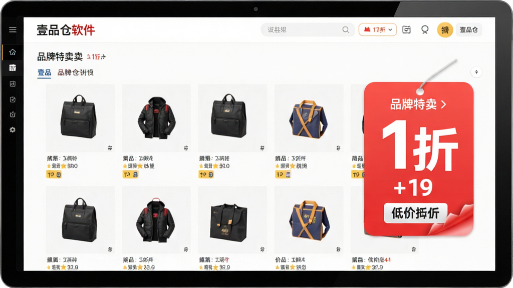 展示壹品仓软件内品牌特卖页面,左侧商品图,右侧价格标签标注“1折”字样,布局清晰,色彩明亮,画质精细,突出低价折扣信息