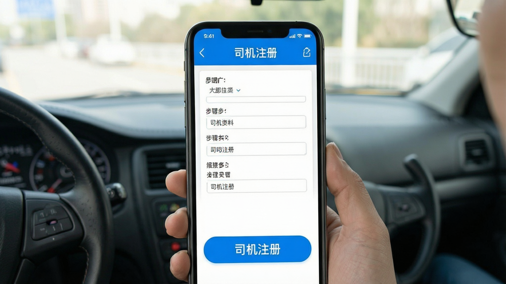 昆明打车司机注册流程示意图,手机界面显示填写资料步骤,风格简洁明亮,突出“司机注册”按钮,画质清晰,无多余元素